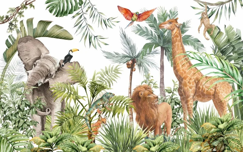 Custom Watercolor Jungle Animal Peel-and-Stick Wall Mural - Giraffe Elephant Zebra Nursery & Kids Wallpaper