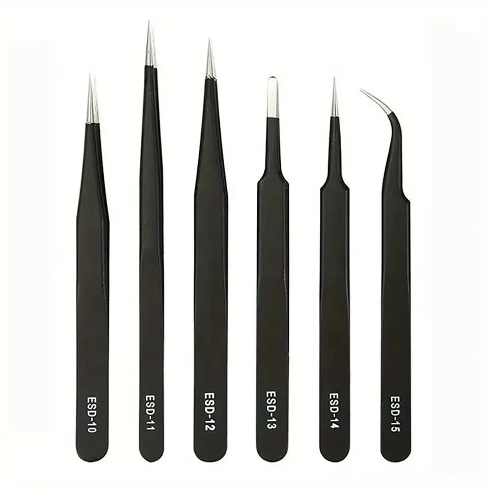 Antistatic Stainless Steel Tweezers Set - 6-Piece Precision ESD Tweezers (Curved & Straight) for Electronics Repair, Model Making & Beauty