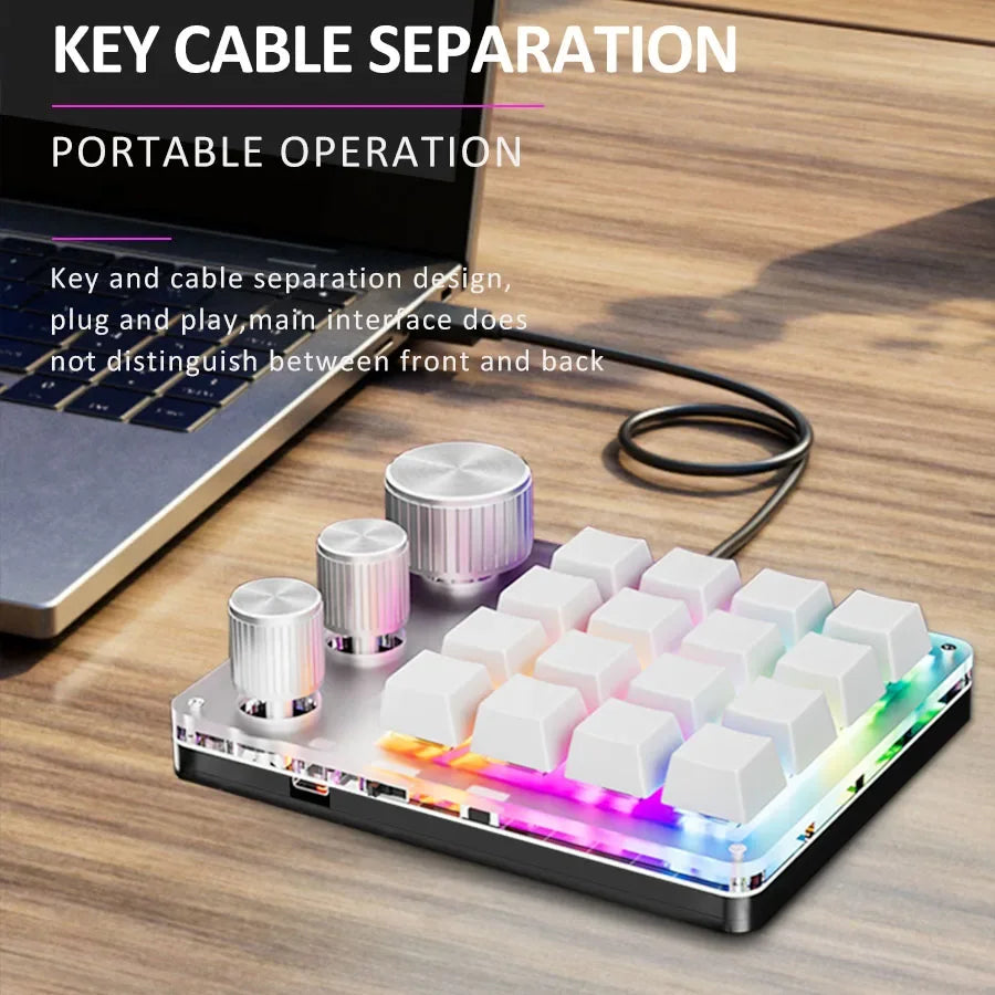 16-Key Programmable Mechanical Macro Pad with 3 Knobs, RGB Hot-Swap — USB / Bluetooth / 2.4G Wireless