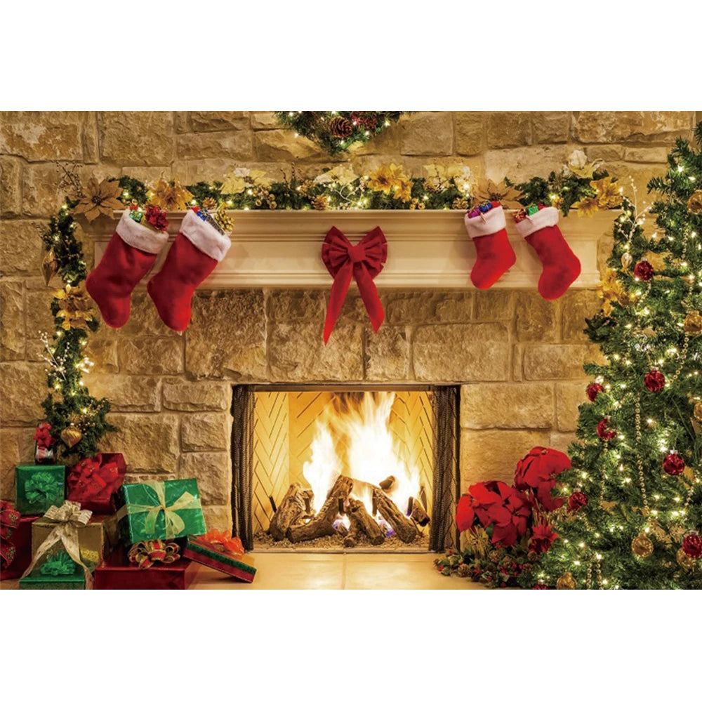 Christmas Fireplace Photography Backdrop - Burning Firewood Flame Brick Wall Photo Studio Background