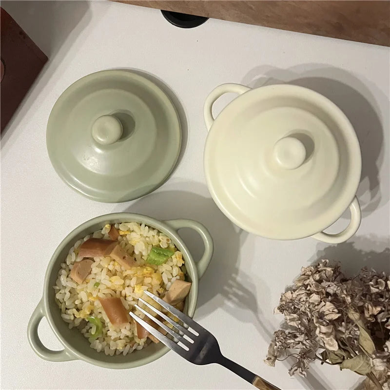 Porcelain Covered Bowl with Double Handles 220ml (7.4 fl oz) — Microwave, Air Fryer & Oven Safe