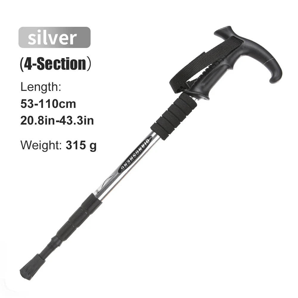 Folding 4-Section Telescopic Trekking Pole - Lightweight Aluminum Hiking Stick with T-Handle, Adjustable 21-43 in (53-110 cm)