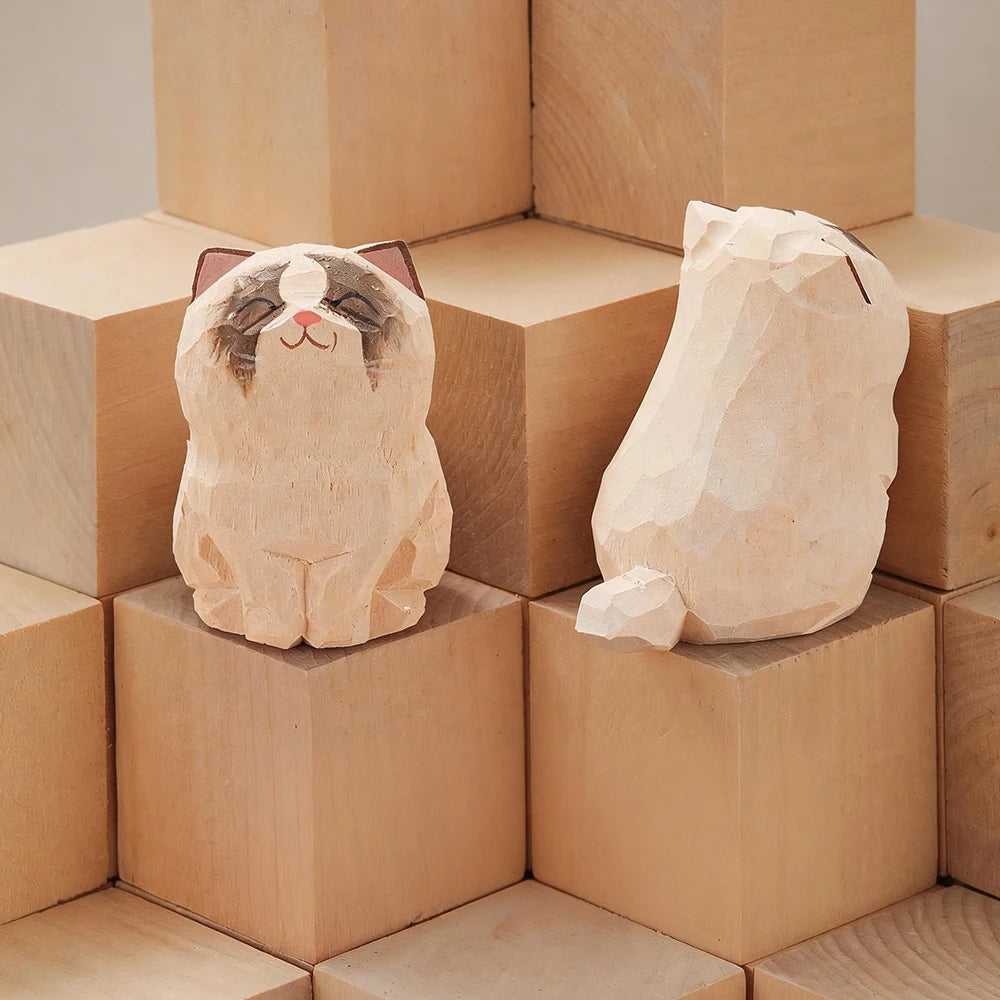 Set of 13 Hand-Carved Wooden Cat Figurines – Basswood Kitty Statues for Desk, Shelf, Car & Home Decor