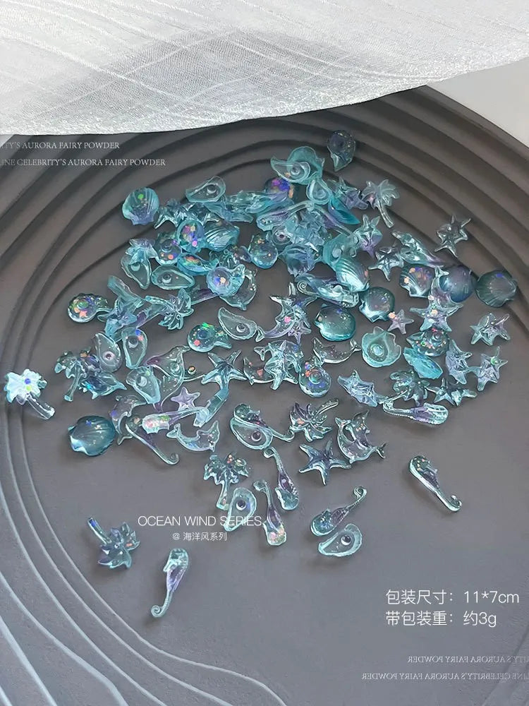 50pcs Summer Ocean 3D Nail Charms – Aurora Shell, Starfish & Fish Tail Nail Art Decorations