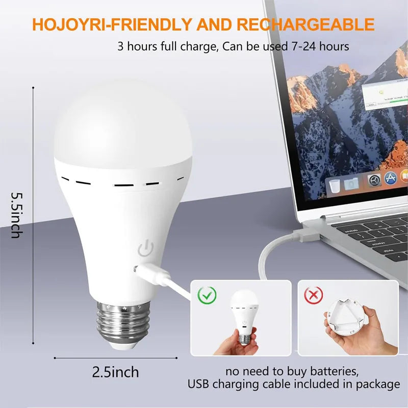 Smart USB Rechargeable E27 LED Bulb – RGB Color Changing & Warm/Cool White, Touch Dimmable Cordless Emergency Light