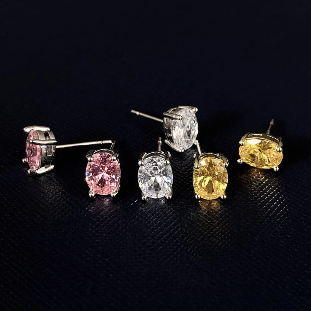 Oval Cubic Zirconia Four-Claw Stainless Steel Stud Earrings for Women - No-Fade Jewelry Gift