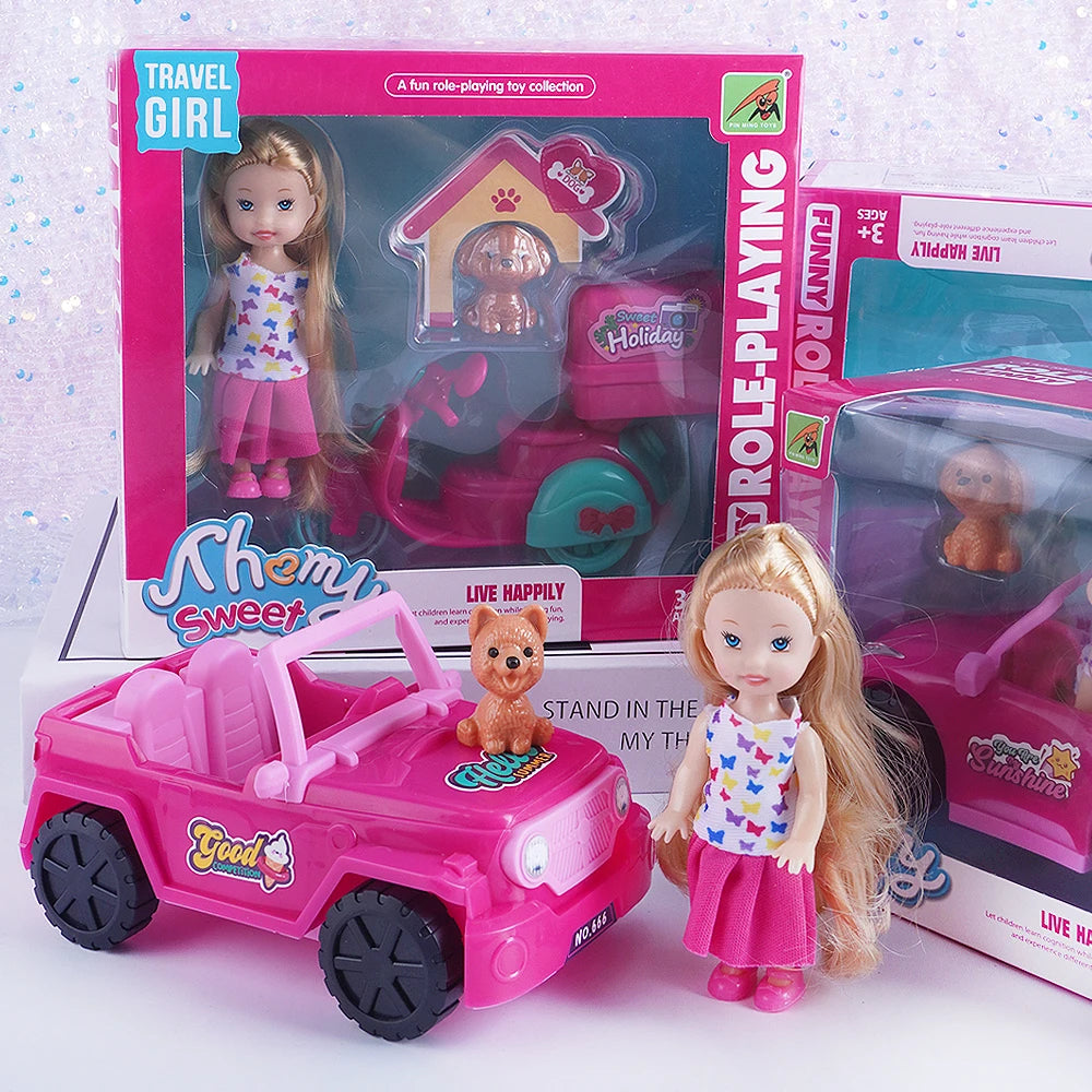 Mini Fashion Doll Playset for Kids with Pet Dog & Convertible Car — Dollhouse Kitchen & Seaside Restaurant Accessories