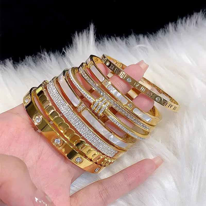 8-Piece Stainless Steel Rhinestone Bracelet Set – Elegant Gold & White Stackable Bangles for Women