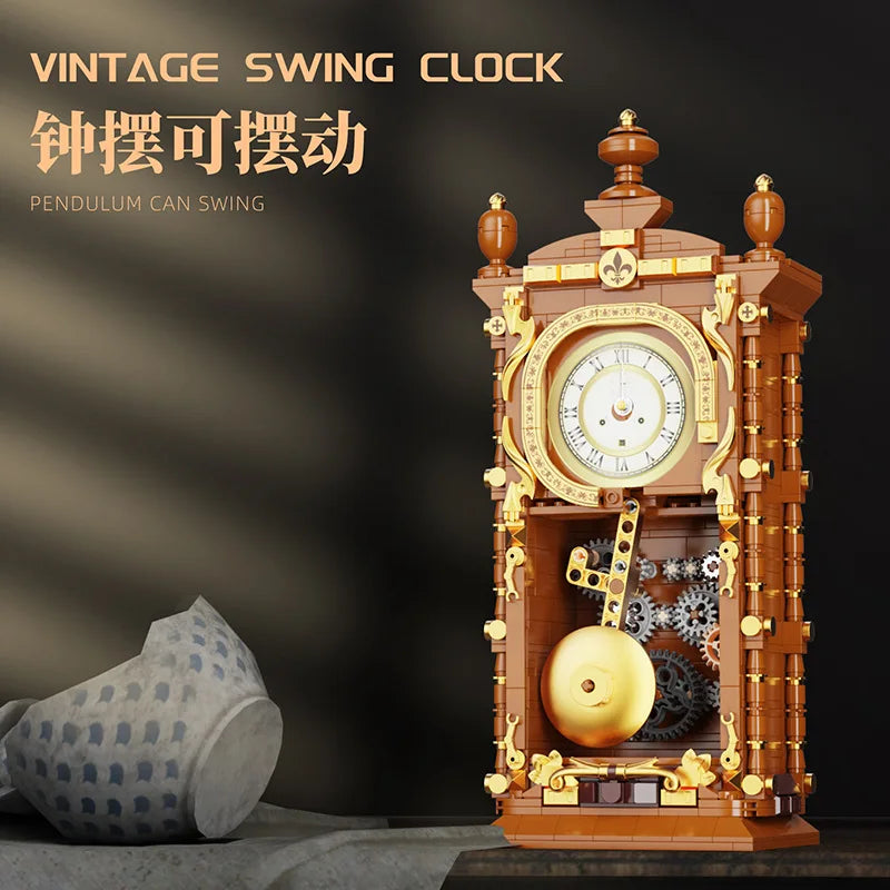 Swinging Retro Mechanical Pendulum Clock Building Blocks 751-Piece 3D Model Kit for Adults Home Decor Gift