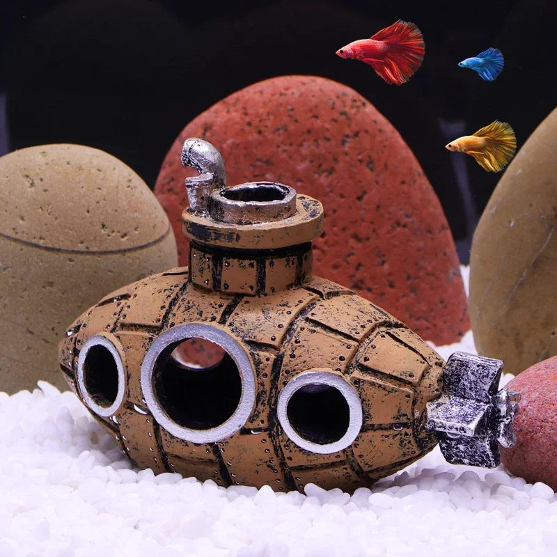 Resin Submarine Aquarium Ornament - Fish Tank Decoration & Shrimp Shelter (13 x 6 x 9 cm / 5.1 x 2.4 x 3.5 in) - Mini 5 x 3.3 x 2.3 cm (2.0 x 1.3 x 0.9 in)