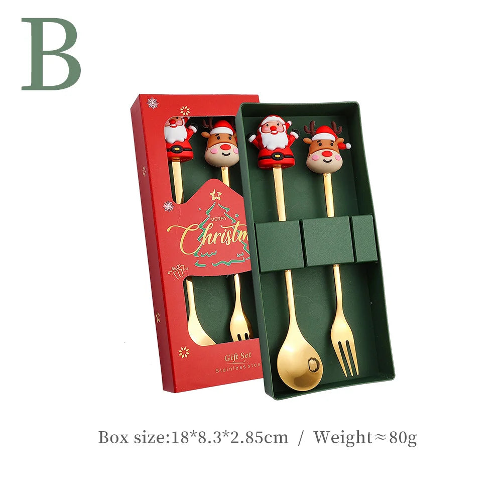 4-Piece Stainless Steel Christmas Cutlery Set – Spoon & Fork Holiday Table Decor with Elk & Tree Ornaments