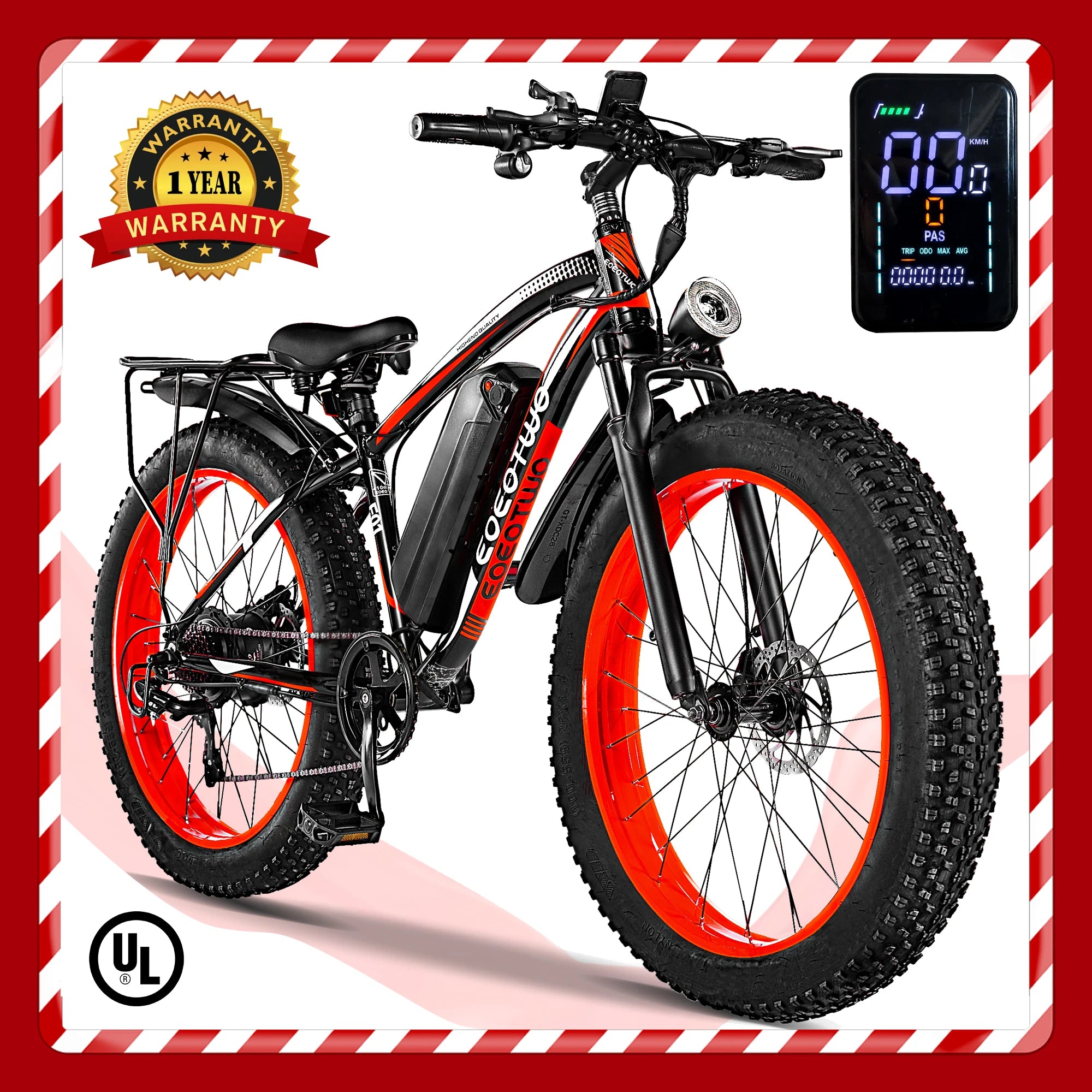 Adult Electric Fat Tire Bike 26-inch (66 cm), 1000W Motor (up to 1500W peak), 34 MPH (55 km/h), 60‑Mile Range, 4.0-inch Tires
