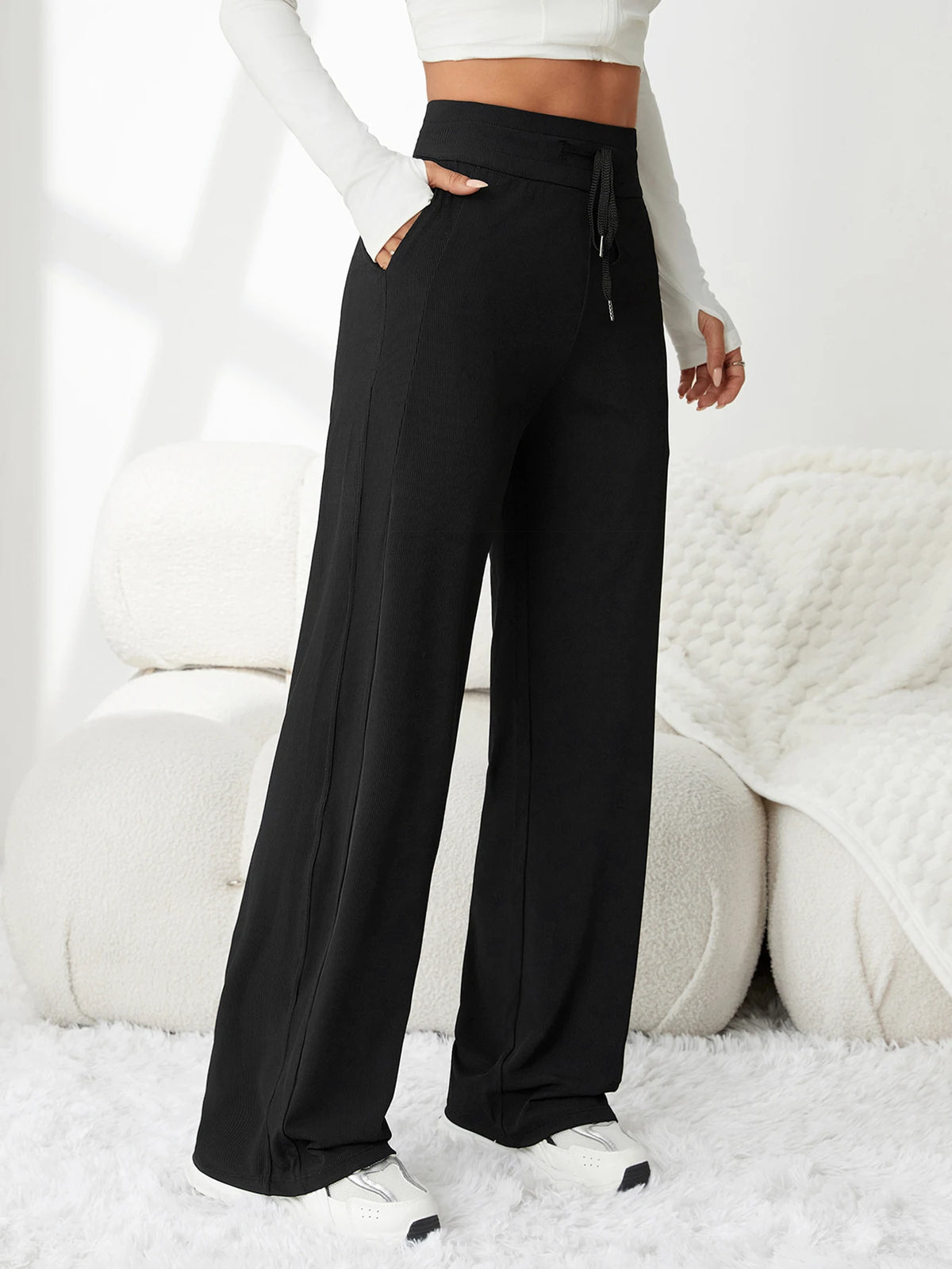 Women's High-Waist Drawstring Striped Pants, Slim Stretch Knit Pencil Pants for Yoga & Casual Wear