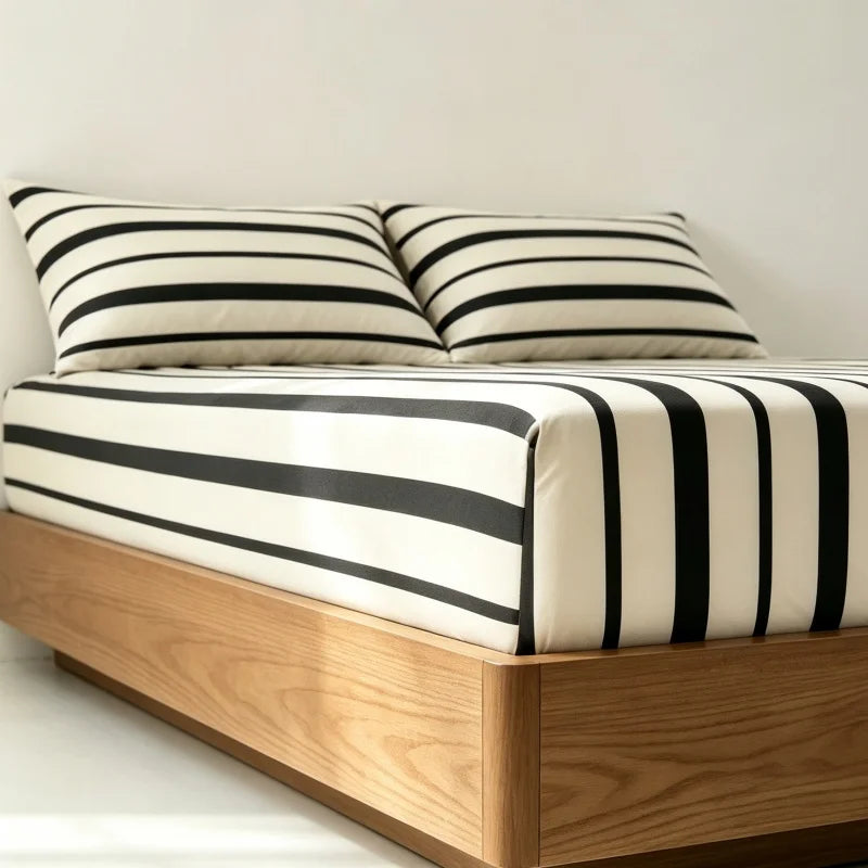 3-Piece Striped Fitted Sheet Set with Elastic Anti-Slip Skirt — 1 Fitted Sheet + 2 Pillowcases, Multiple Sizes (100–220 cm / 39–87 in)