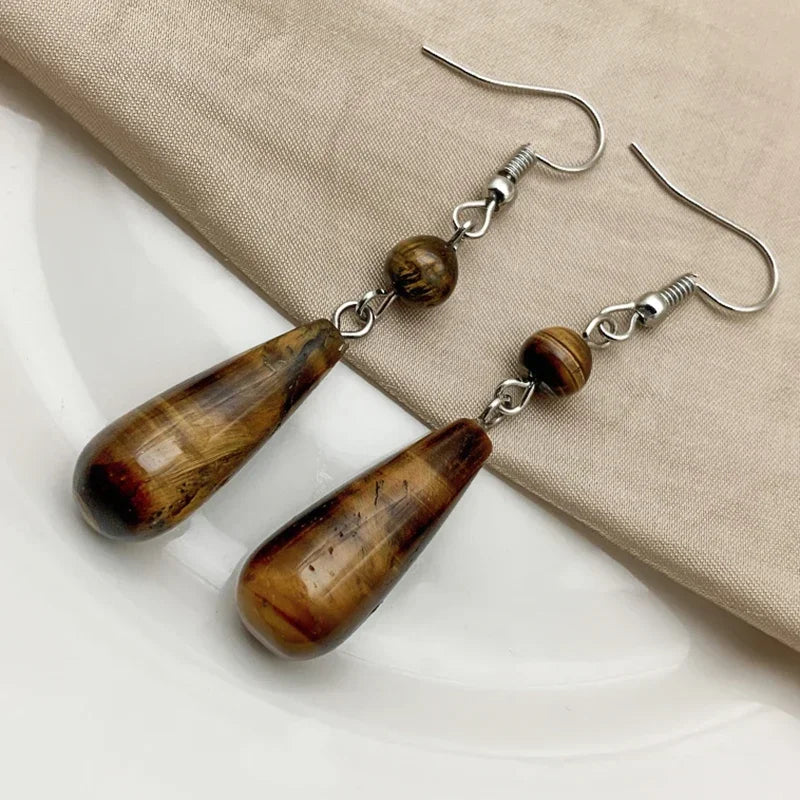 Korean Natural Stone Drop Earrings – Handmade Malachite & Tiger Eye Statement Earrings for Women Party Gift