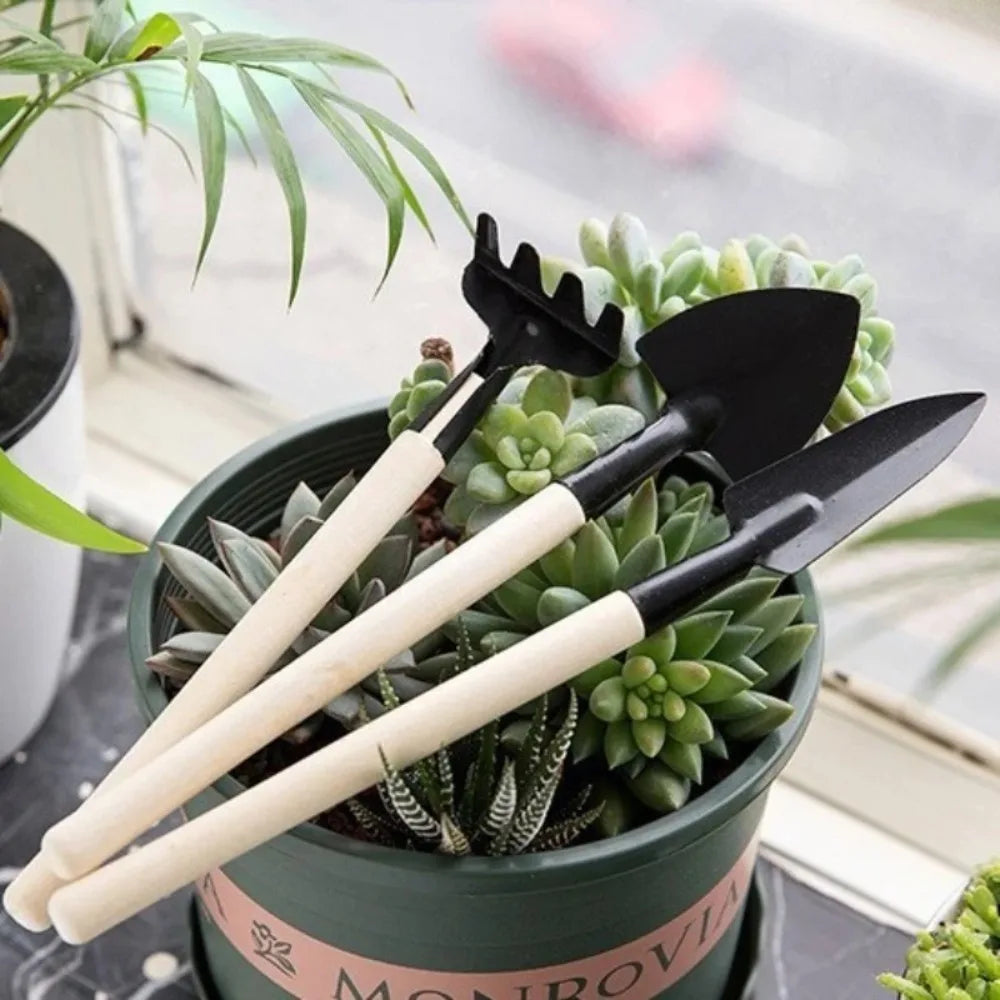 3-Piece Mini Indoor Planting Tool Set - Hand Trowel, Rake & Fork with Wooden Handles, Portable Gardening Tools for Small Plants