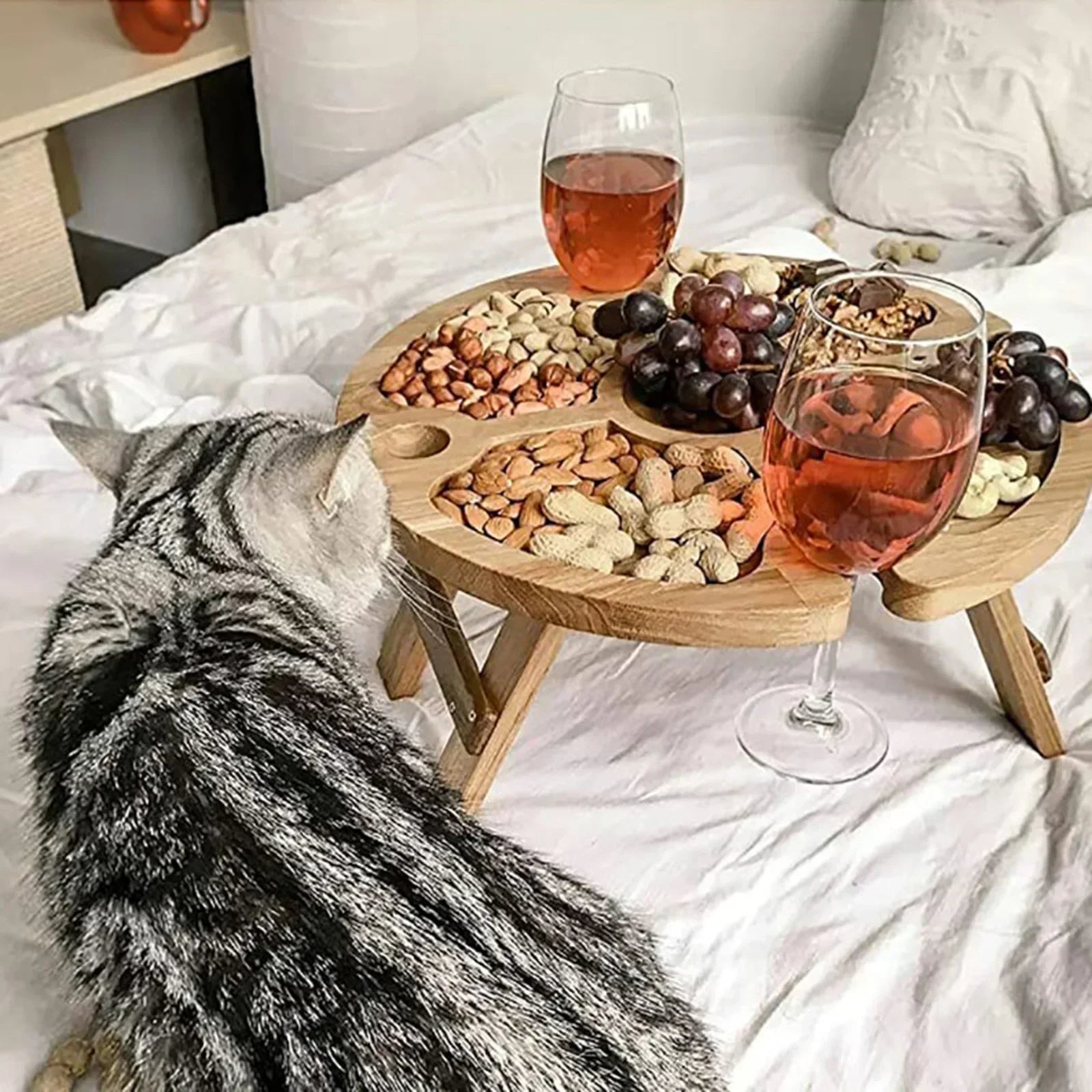 Portable Folding Wooden Picnic Table with Wine Glass Holder, Collapsible Snack Tray & Outdoor Side Table
