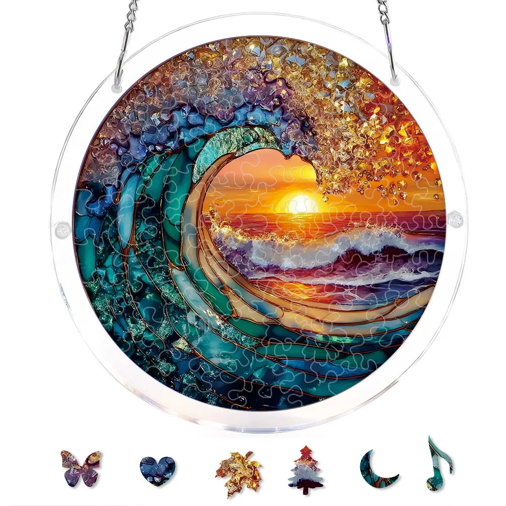 Ocean Wave Sunset Acrylic Suncatcher Puzzle – Stained Glass Style Window Hanging Decor Kit with Chain