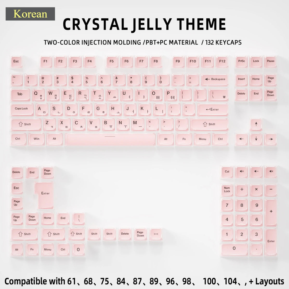 Crystal Jelly Keycap Set — Korean & English Side/Front Printed for Mechanical Keyboards | Pink, White & Blue — Fits 60%, 75%, 80%, 100% and Common Layouts