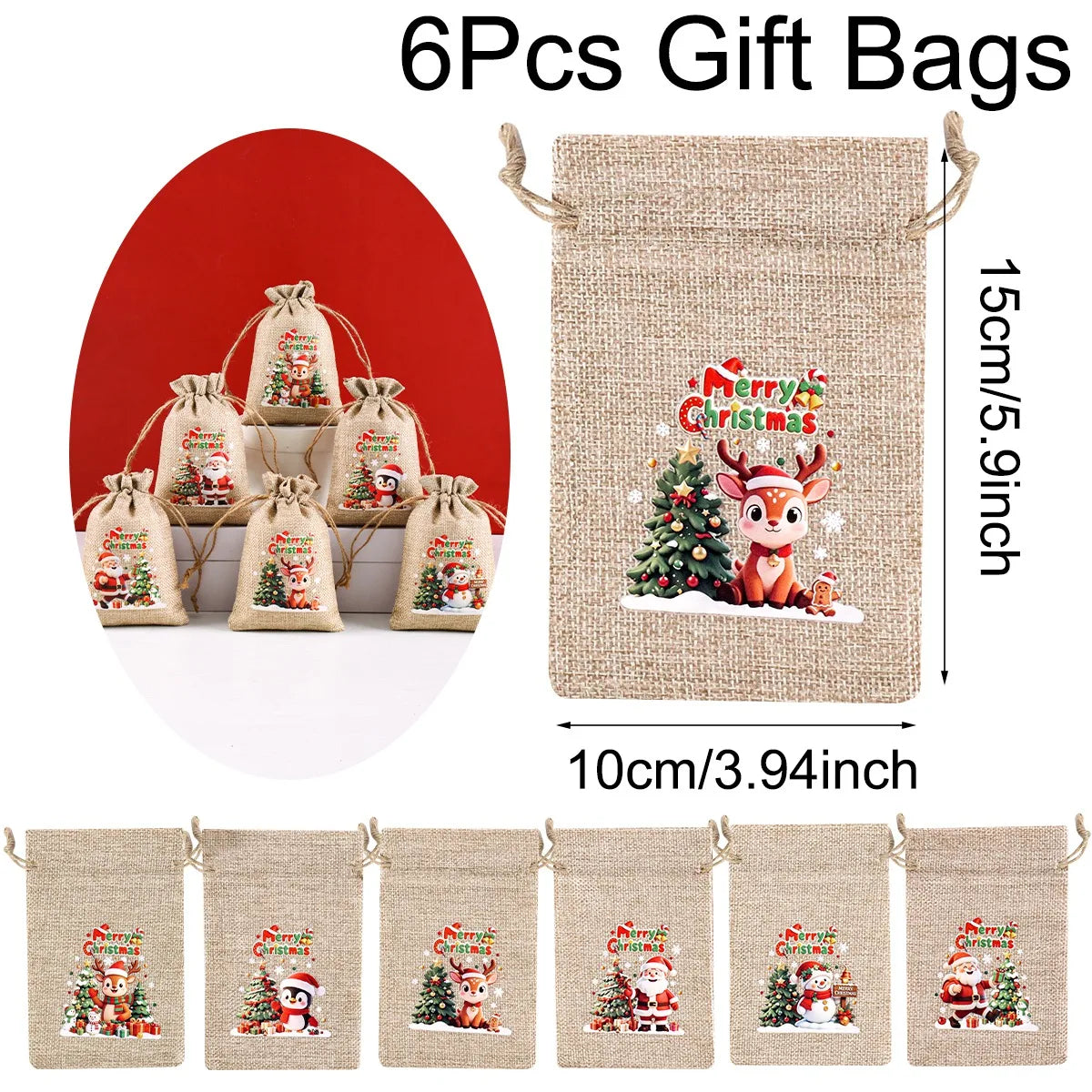 6-Pack Burlap Christmas Gift Bags with Santa & Reindeer Prints, Drawstring Jute Party Favor Bags