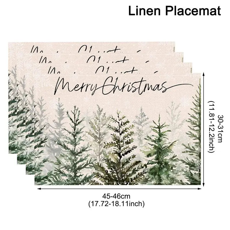 Linen Christmas Tree Placemats – Holiday Rectangle Table Mats for Kitchen & Dining, Navidad Noel