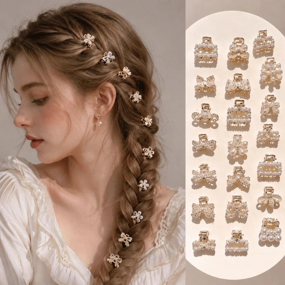 10/20 Pack Gold Mini Metal Hair Claw Clips with Rhinestones, Assorted Shapes Decorative Barrettes for Side Bangs & Thin Hair