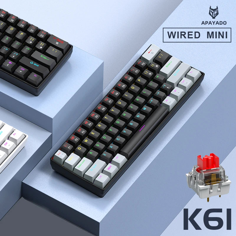 61-Key 60% Mini Mechanical Keyboard - Wired USB-C, Hot-Swappable RGB, Blue/Red Switches, Compact Portable