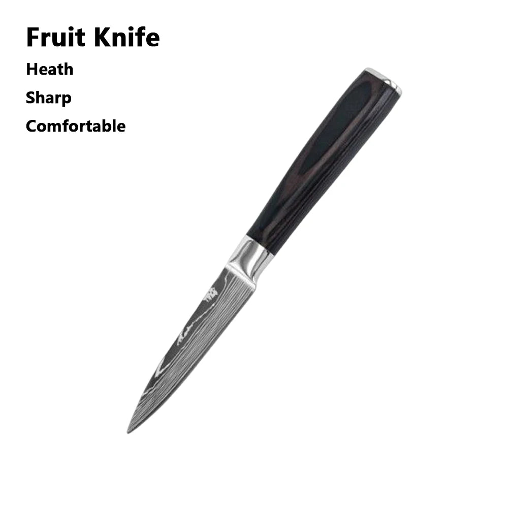 Chef Knife Set 1-10 Pc - Laser Damascus Pattern Japanese Santoku, Cleaver, Slicing and Utility Knives