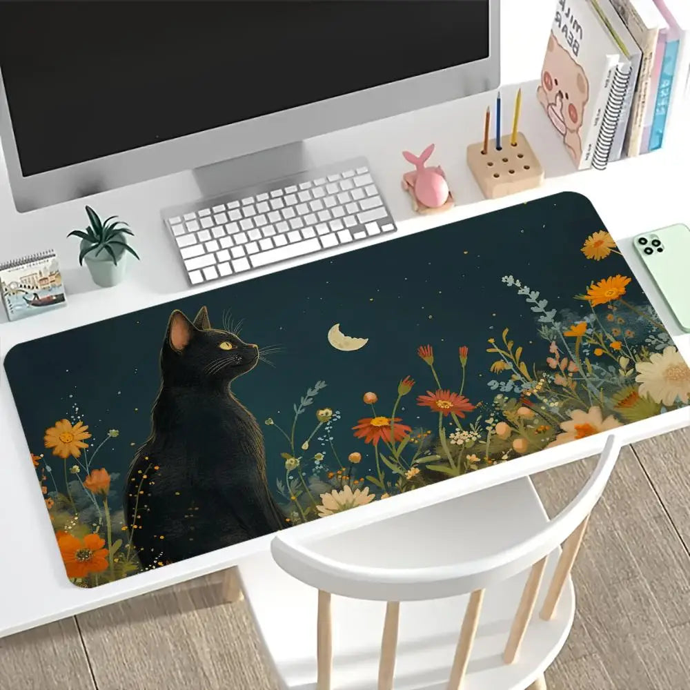 Cute Cat Floral XXL Extended Gaming Desk Mat - Non-Slip Rubber Base with Locking Edge Mouse Pad for Laptop, PC & Home Office