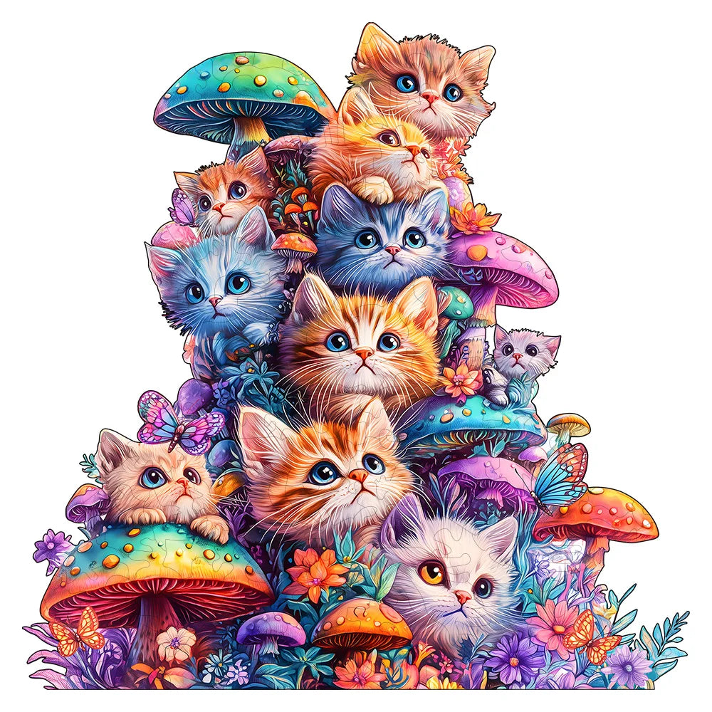 Adult Wooden Jigsaw Puzzle Mushroom Cat Irregular Shape Gift for Puzzle Lovers