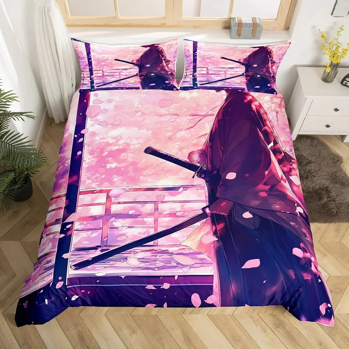 Japanese Samurai Duvet Cover Set 3-Piece - Cherry Blossoms Red Sun & Mount Fuji Print - Multiple Sizes (Twin/Full/Queen/King)