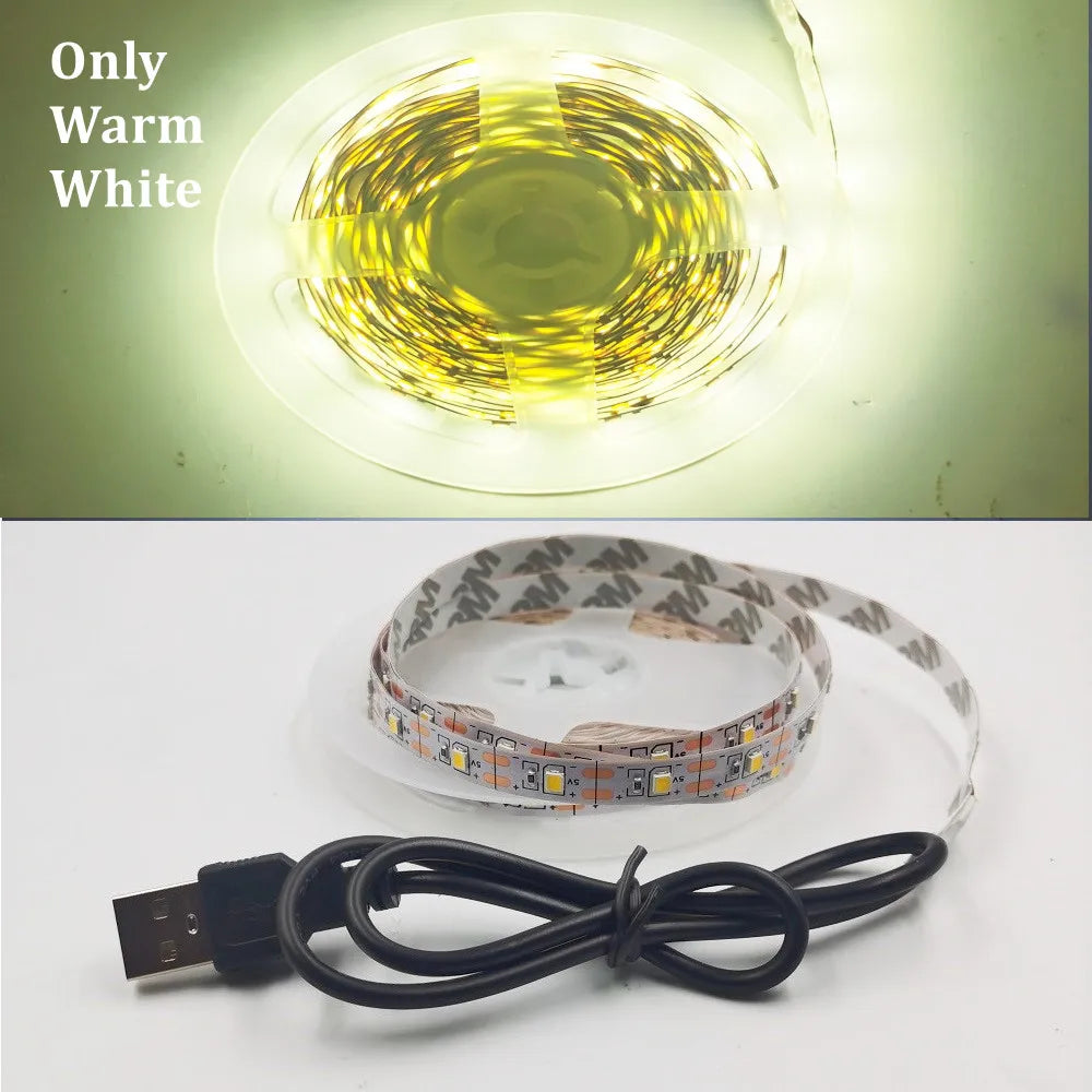 5V USB LED Strip Light 5m (16.4ft) & 1m (3.3ft) SMD3528 — Waterproof Flexible Color Strip Warm/Cool White + RGB for Cabinet, Ceiling & TV Backlight