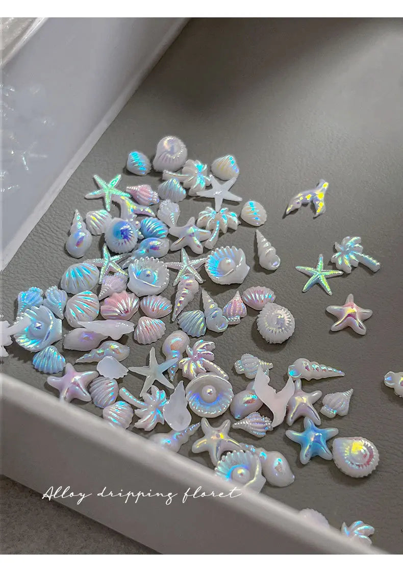 50pcs Summer Ocean 3D Nail Charms – Aurora Shell, Starfish & Fish Tail Nail Art Decorations