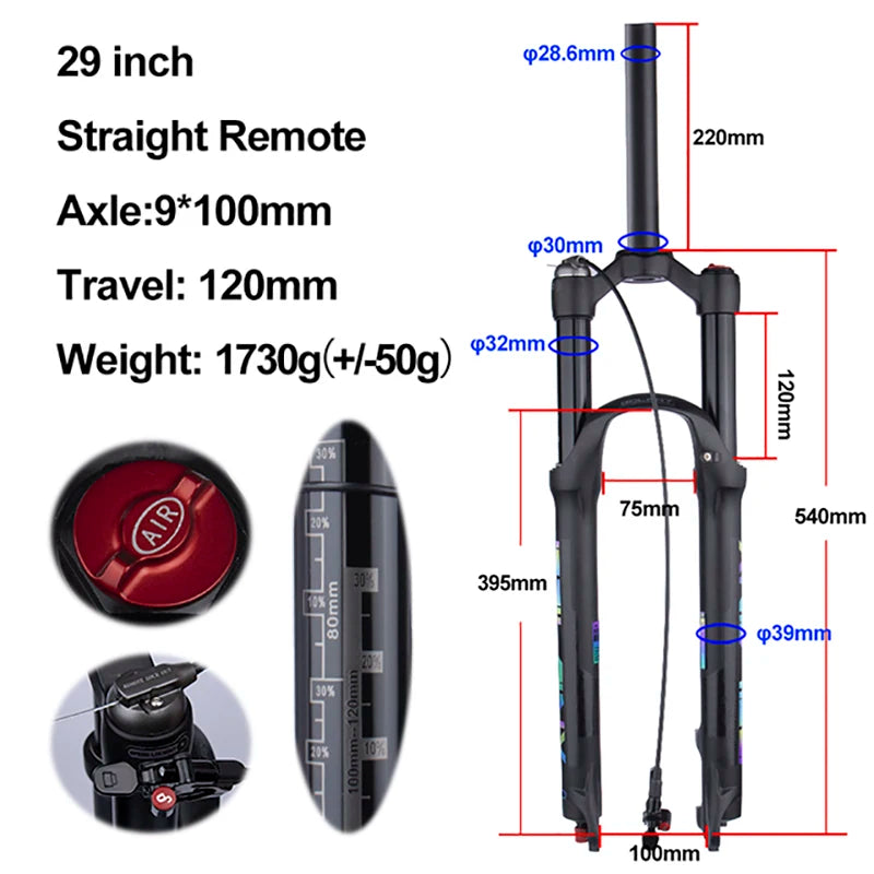 MTB Air Suspension Fork — 120mm Travel, Rebound Adjustable, 26/27.5/29 in, 9x100mm Quick Release, Disc Brake Compatible
