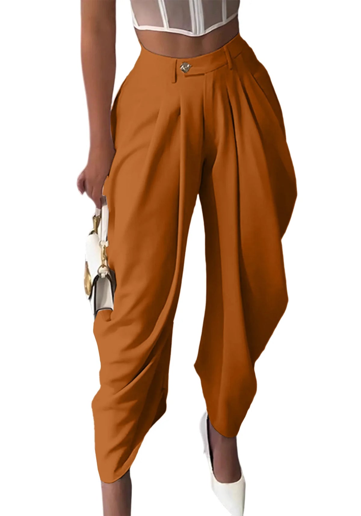 High-Waisted Pleated Wide-Leg Cropped Pants for Women – Loose Harem Skirt-Pant, Casual