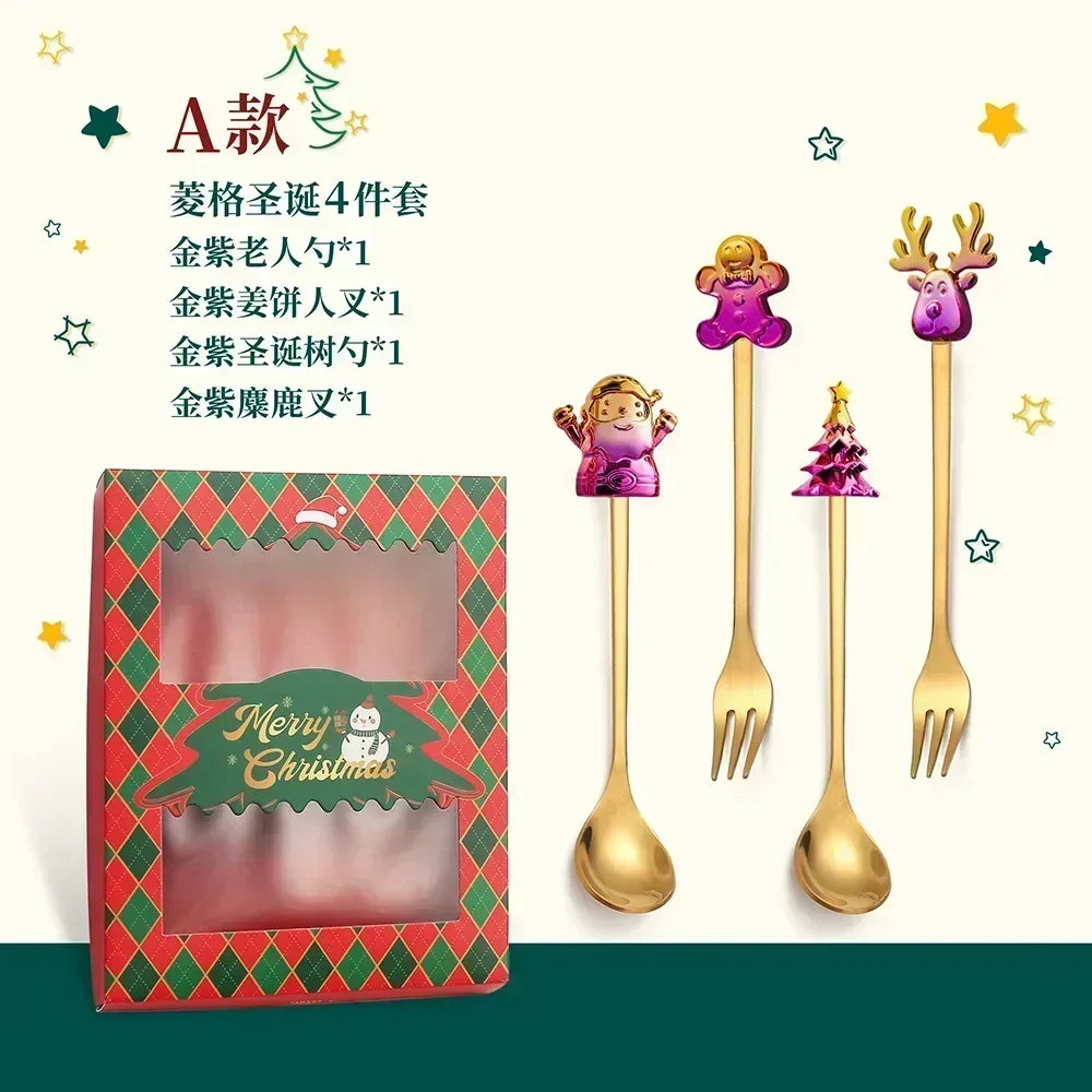 4-Piece Stainless Steel Christmas Cutlery Set – Spoon & Fork Holiday Table Decor with Elk & Tree Ornaments
