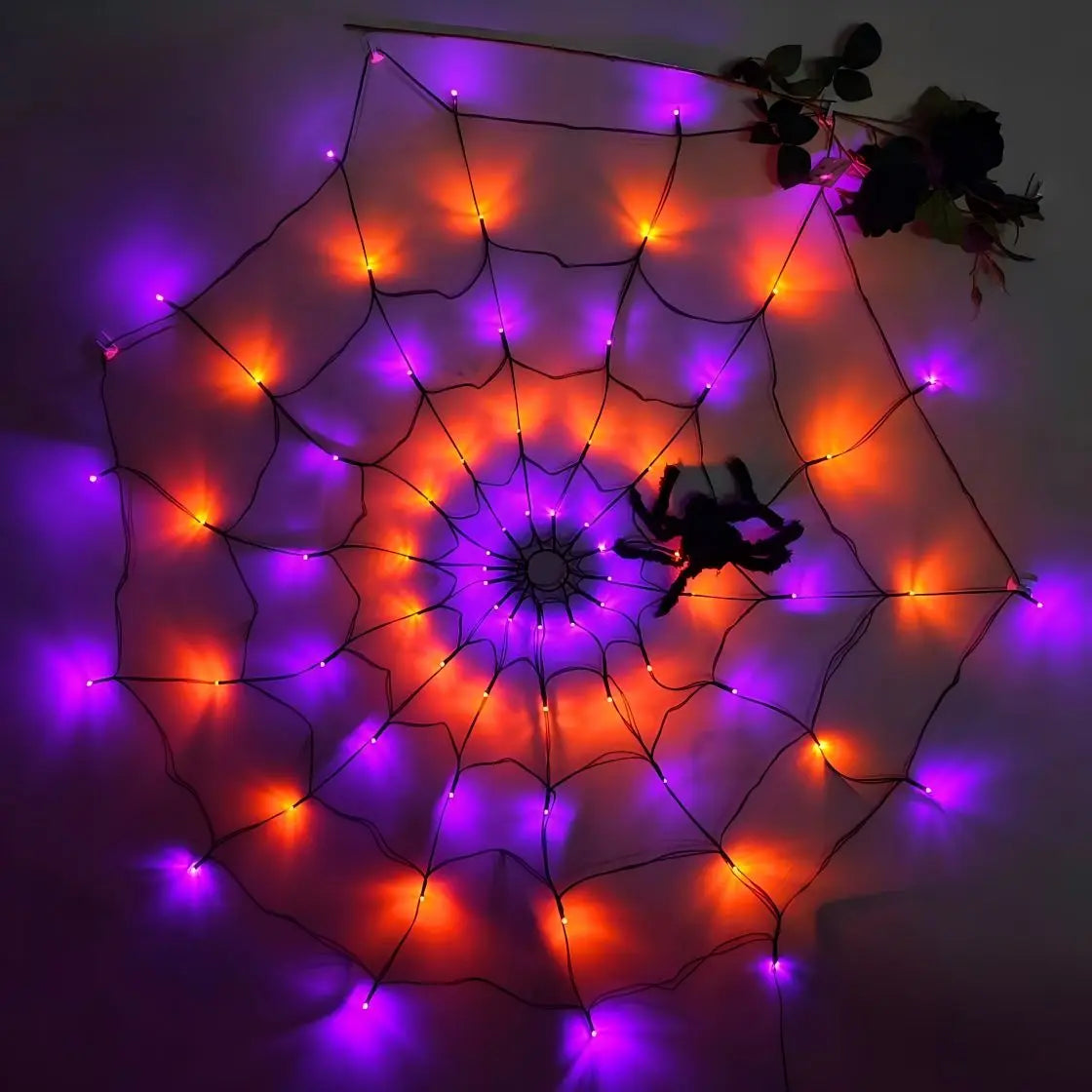 Giant LED Spider Web String Lights with Plush Spider – Luminous Halloween Window & Haunted House Decor