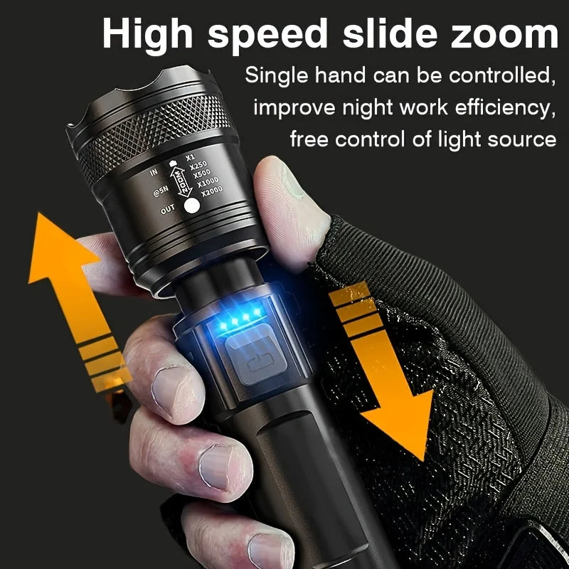 1600 Lumen LED Rechargeable Flashlight with Battery Indicator – USB Type-C Telescopic Zoom Torch, Waterproof for Camping, Fishing & Hiking