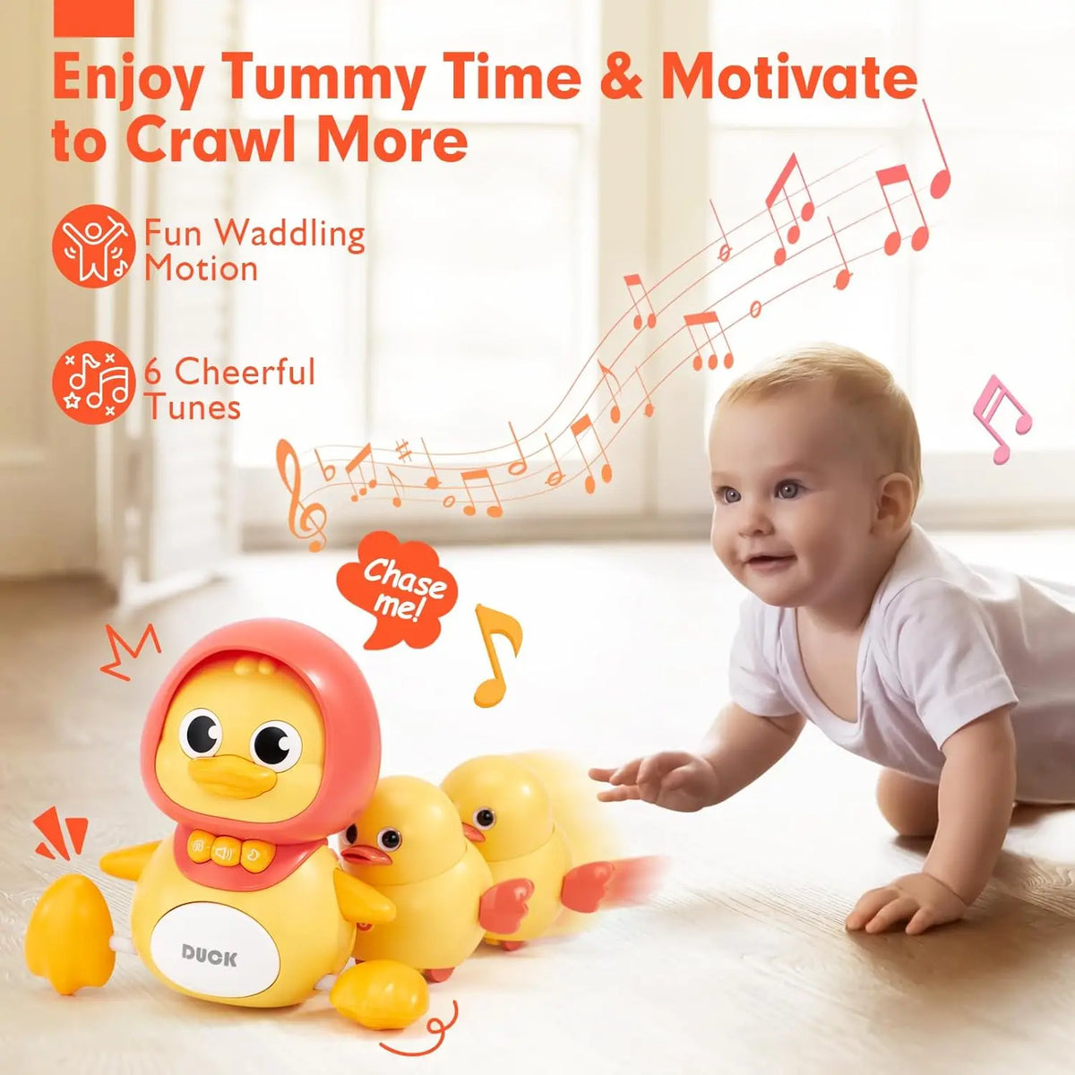 Baby Crawling Toys 3-Piece Duck Set - Infant & Toddler Interactive Moving, Walking & Dancing Toy with Lights for Tummy Time & Development