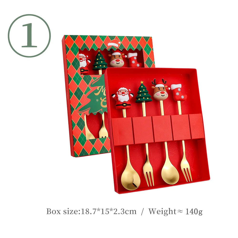 4-Piece Stainless Steel Christmas Cutlery Set – Spoon & Fork Holiday Table Decor with Elk & Tree Ornaments