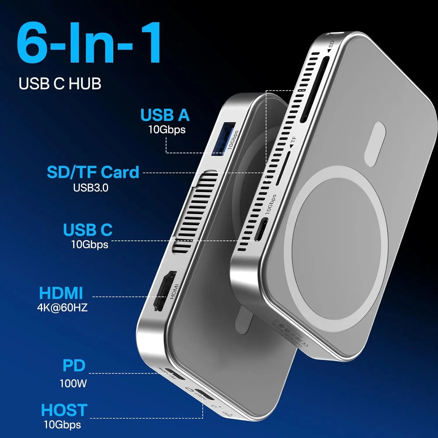 MagSafe Magnetic M.2 NVMe SSD Enclosure & 6-in-1 USB-C Docking Station — 10Gbps, HDMI 4K@60Hz, SD/TF, PD 100W, Cooling Fan, Supports 2230/2242/2260/2280 up to 8TB