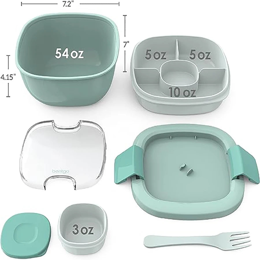 Double Stackable 50 oz (1.48 L) Lunch Box - 4-Compartment Salad Bowl with 3 oz (90 ml) Sauce Cup & Built-In Fork & Spoon