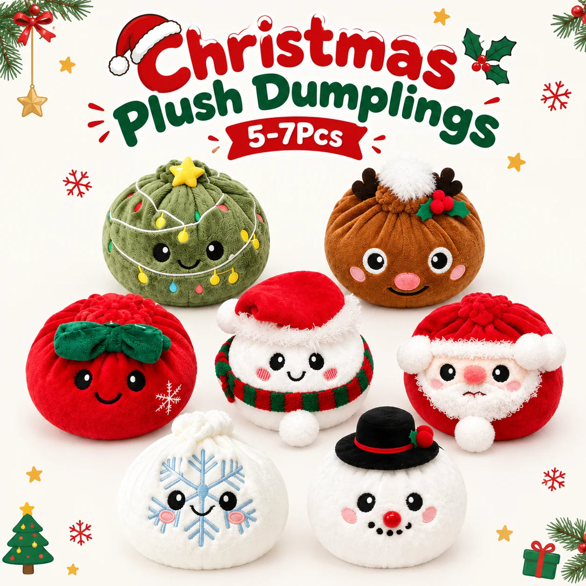7-Piece Christmas Dumpling Plush Blind Box Set with Mini Steamer Baskets — Stocking Stuffers & Party Favors