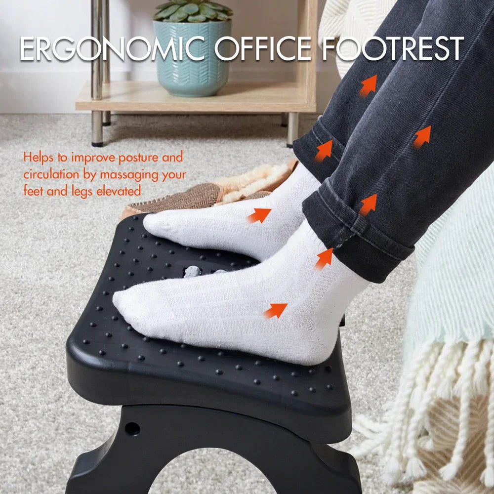 Ergonomic Under-Desk Footrest with Massage Rollers, Adjustable Height, 120 lb (54 kg) Capacity, Pain Relief for Office & Home