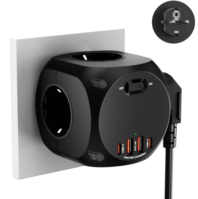 EU Wall Socket Power Hub – 4 AC Outlets + 4 USB (2 USB-C) Smart Fast Charging Compact Travel Plug