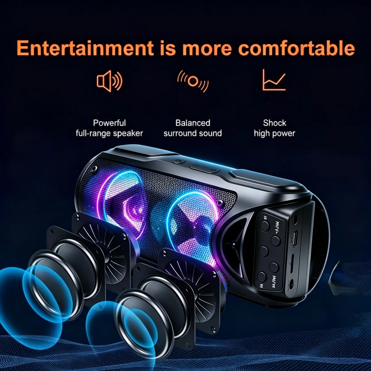 Portable Bluetooth Speaker with Multi-Color LED Lights, TF Card, USB-C & FM Radio — Party & Outdoor Speaker