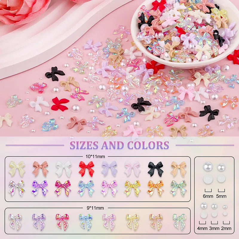 500pcs White Nail Charms & Pearls — Mixed Shapes (Heart, Bowknot, Star, Teardrop) Rhinestones for Nail Art & DIY Crafts