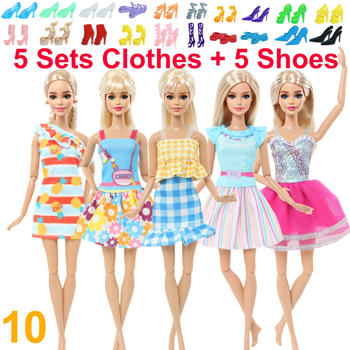 10-Piece 1/6 Scale Doll Clothes Set for 11.5–12 in (30 cm) Dolls — Dresses, Shirts, Pants & Shoes