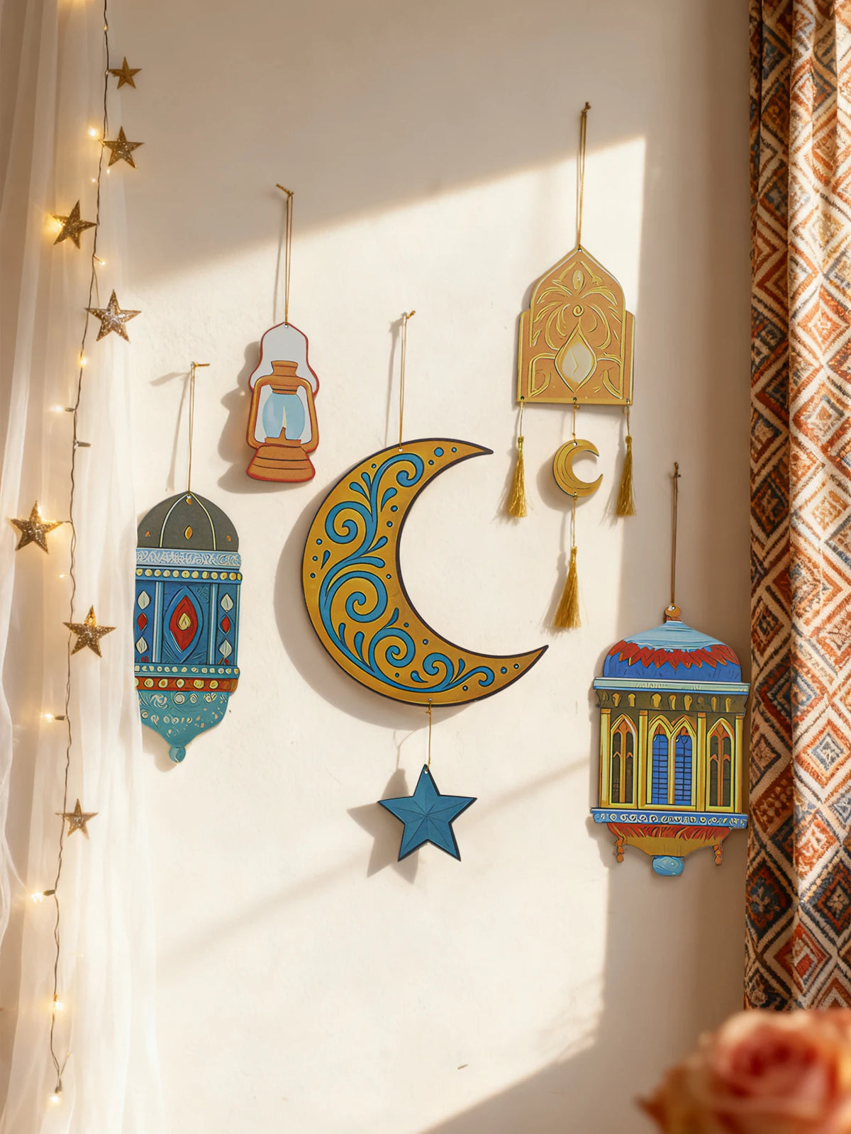 Ramadan Moon and Star Lantern Wall Decor with Tassel – Eid Mubarak Hanging Ornament for Muslim Festival Home Gift
