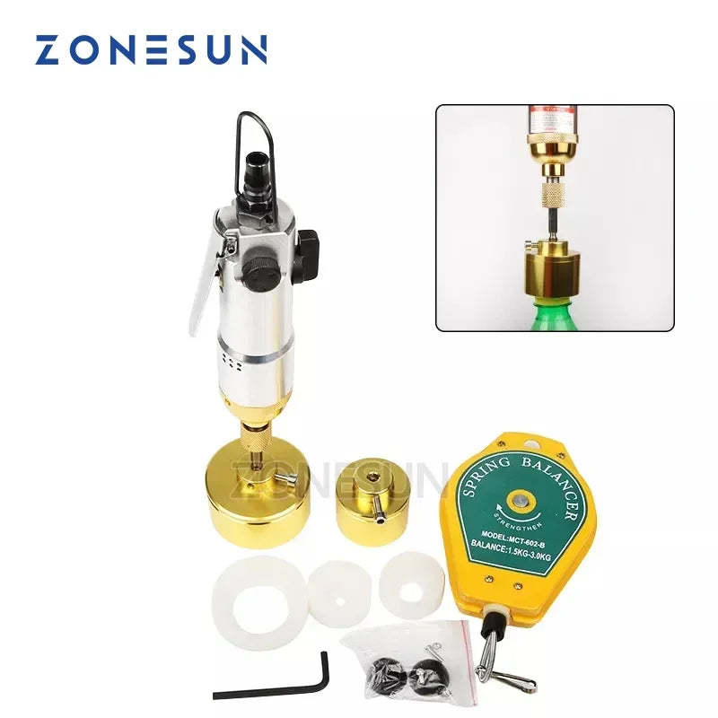 Pneumatic Handheld Bottle Capping Tool 10-50mm (0.39-1.97 in) Air Screwdriver Bottle Capper with 2 Metal & 4 Rubber Heads